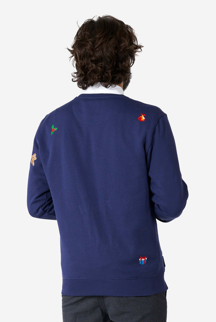 Man wearing blue Christmas sweater with Christmas icons, view from the back