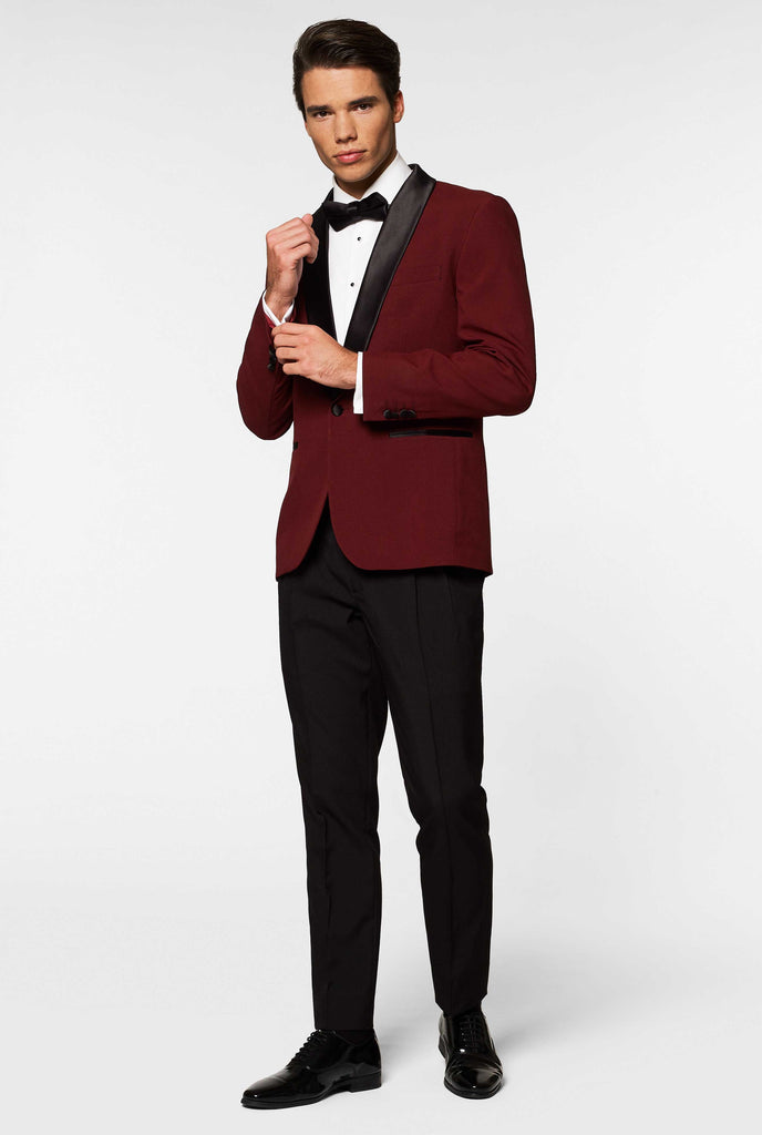 Burgundy red and black tuxedo Hot Burgundy worn by men