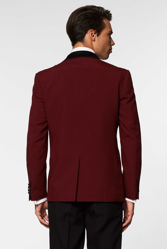 Burgundy red and black tuxedo Hot Burgundy worn by men backside jacket