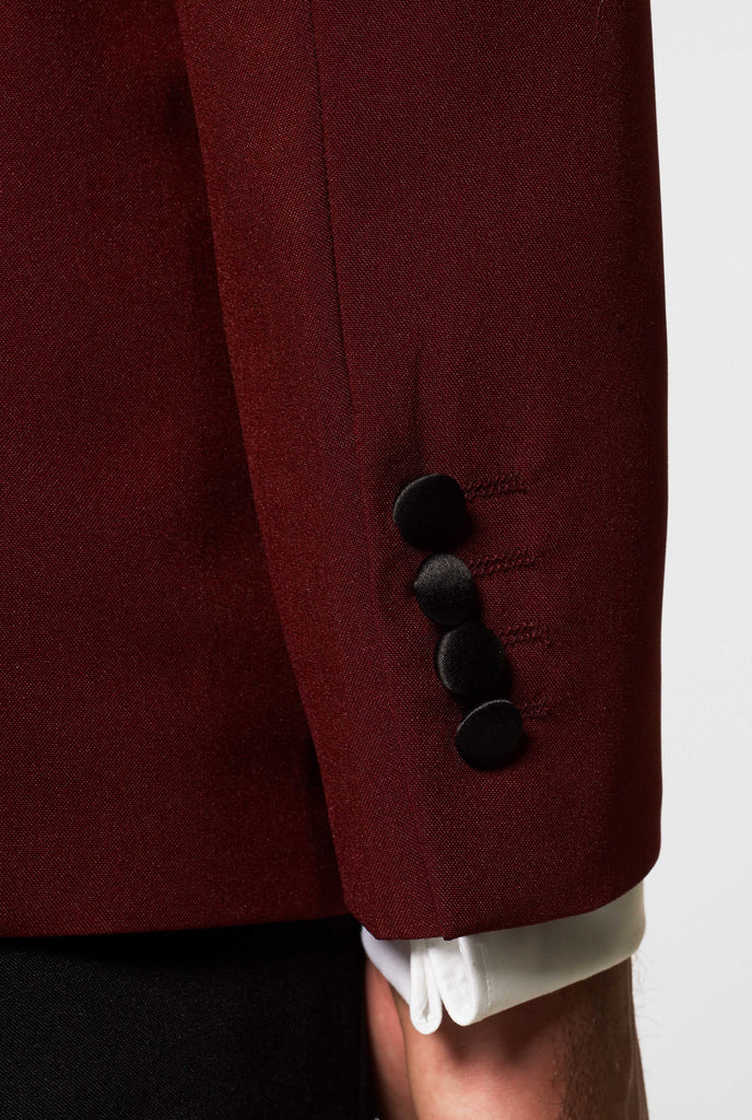 Burgundy red and black tuxedo Hot Burgundy worn by men detailed sleeve with buttons