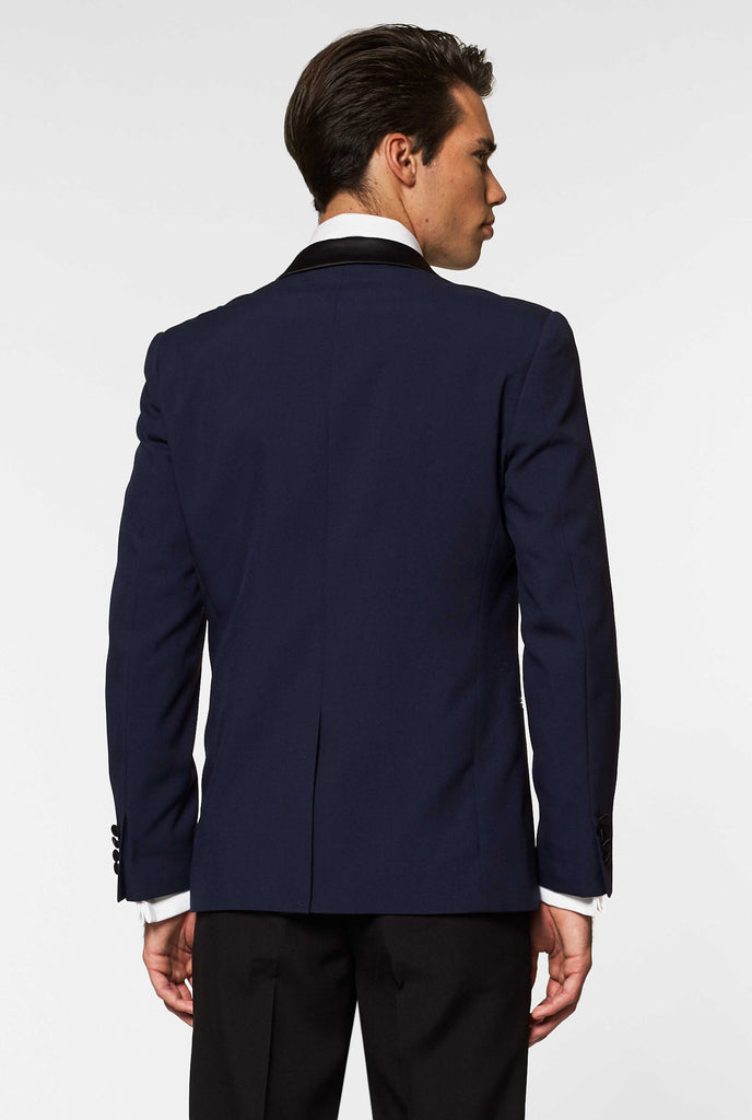 Blue and black tuxedo Midnight Blue worn by men backside jacket