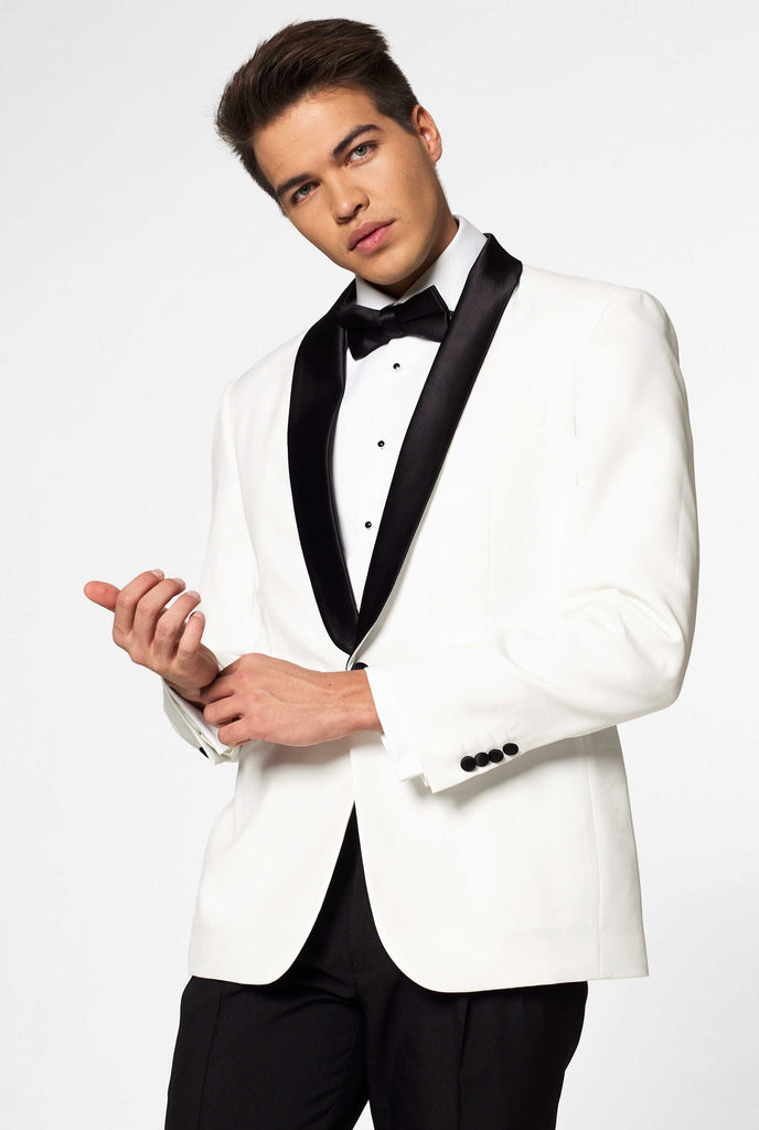 White with black tuxedo suit Pearly White worn by man closed up blazer