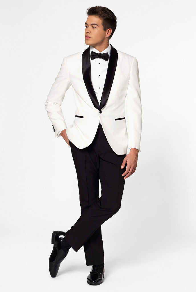 White with black tuxedo suit Pearly White worn by man