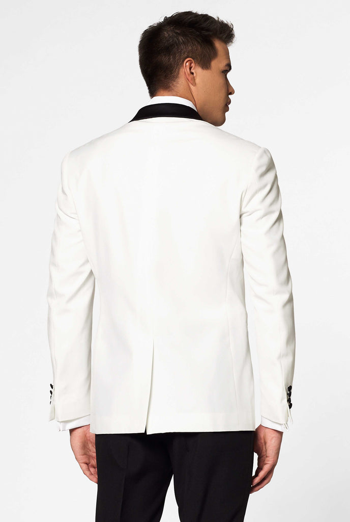 White with black tuxedo suit Pearly White worn by man, view from the back from blazer