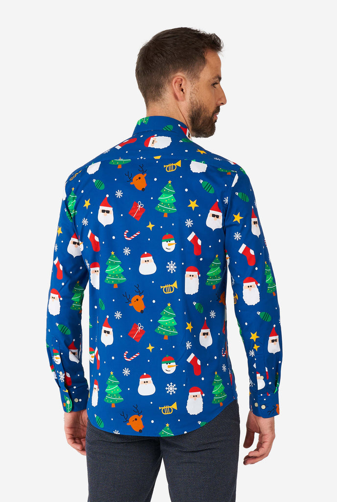 Man wearing blue Christmas dress shirt with Christmas icons, view from the back