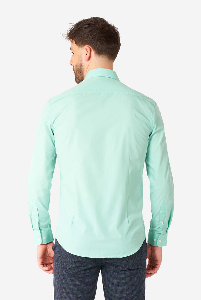 Man wearing mint green dress shirt, view from the back