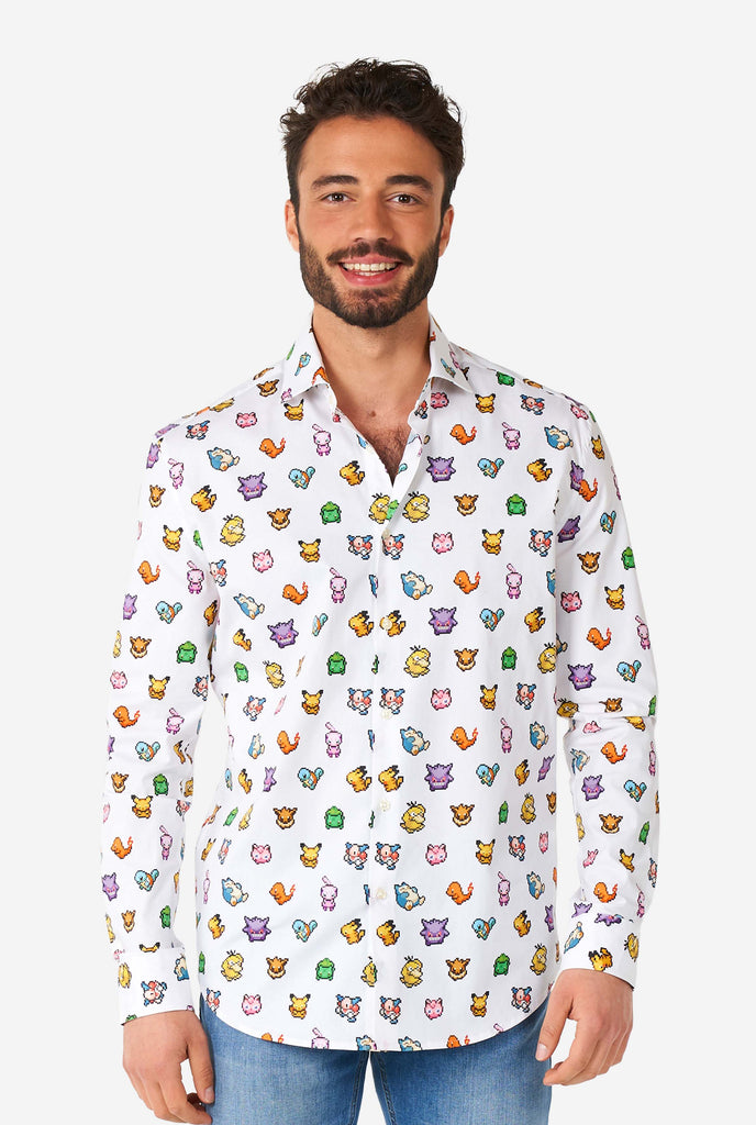 Man wearing white dress shirt with Pokemon icons