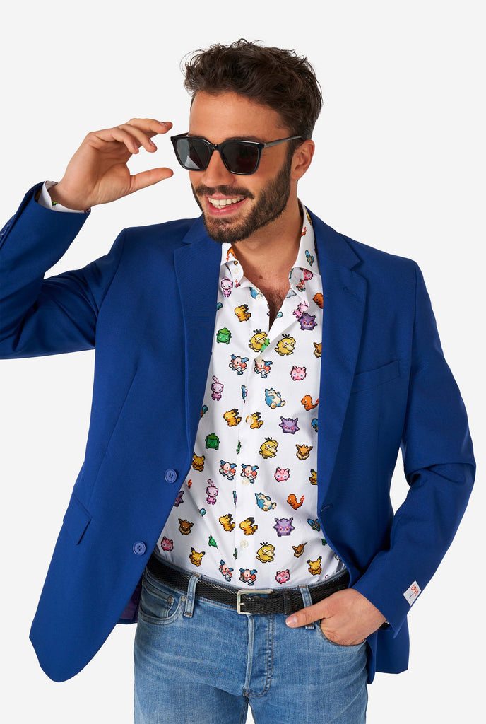 Man wearing white dress shirt with Pokemon icons