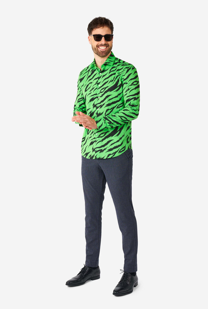 Man wearing neon green dress shirt with tiger stripes