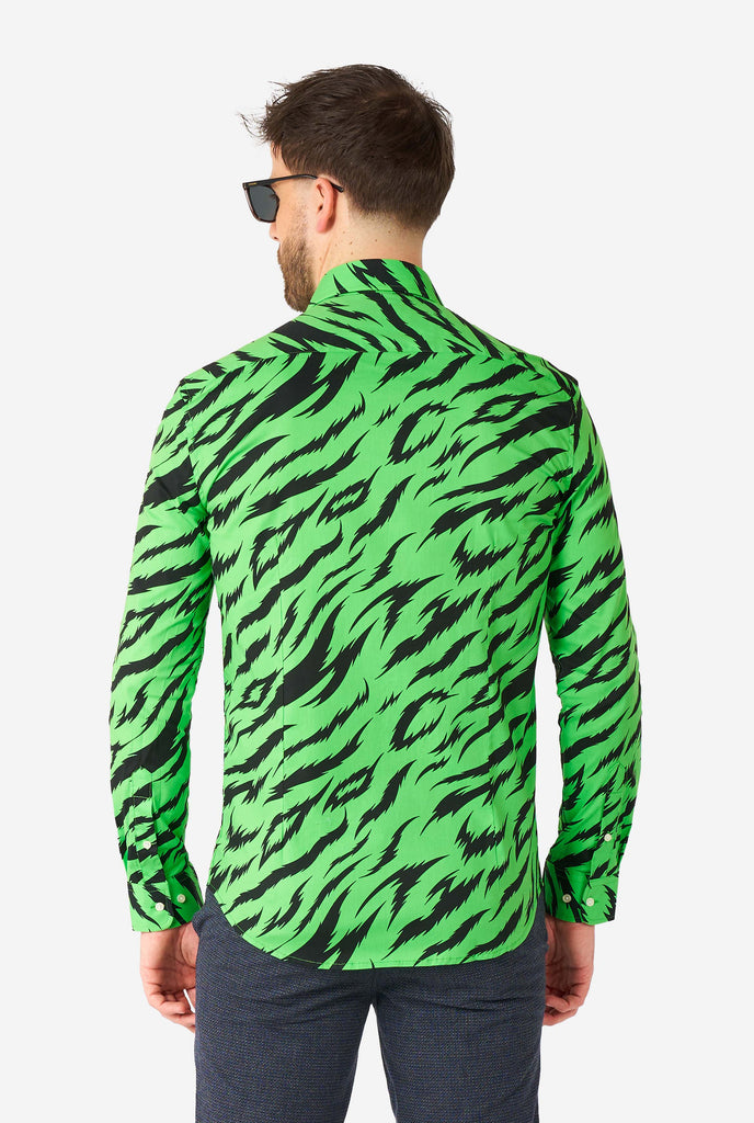 Man wearing neon green dress shirt with tiger stripes, view from the back