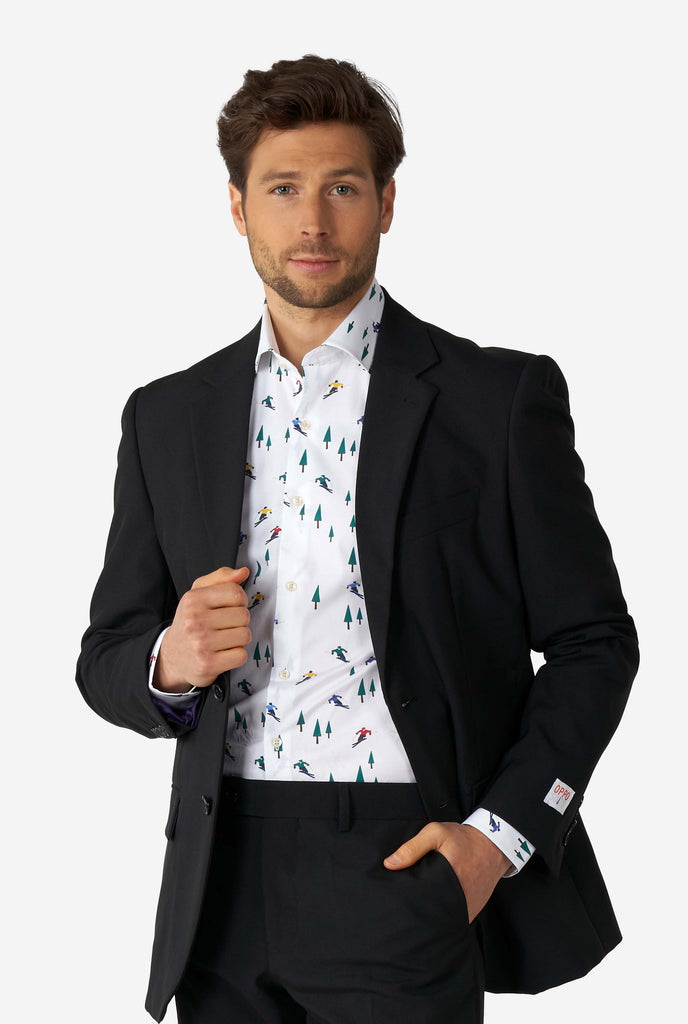 Man wearing white dress shirt with winter print and black men's suit