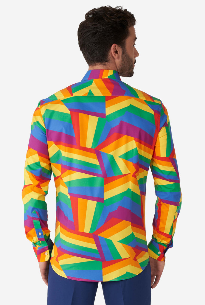 Man wearing colorful rainbow pride dress shirt, view from the back