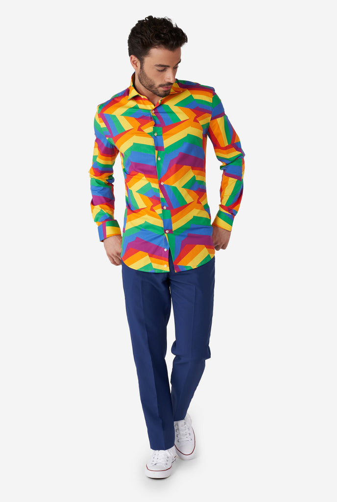 Man wearing colorful rainbow pride dress shirt