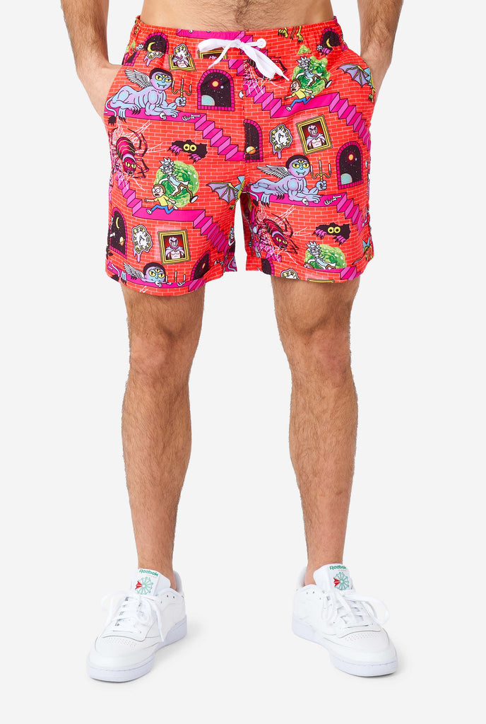 Man wearing summer short, with Rick and Morty print