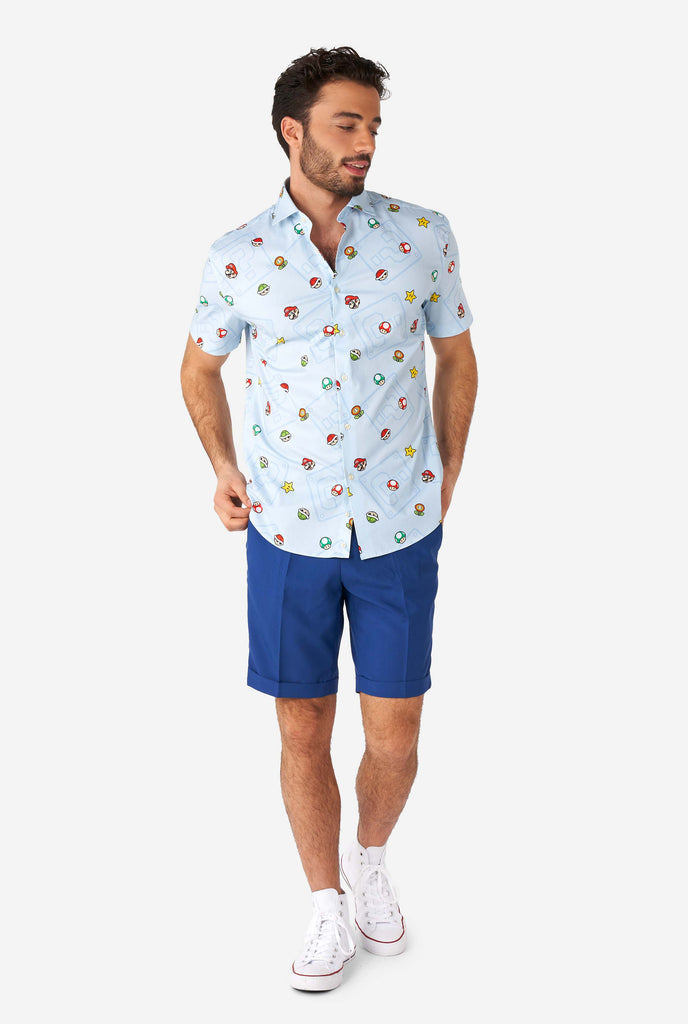 Men wearing blue summer shirt with Super Mario icons