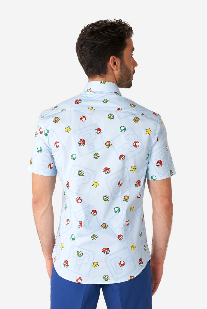 Men wearing blue summer shirt with Super Mario icons, view from the back