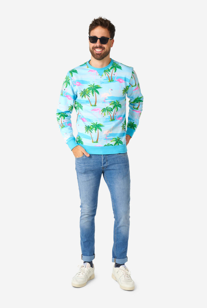 Man wearing blue sweater with tropical flamingo print