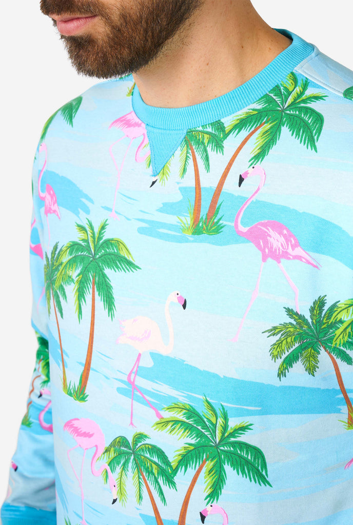 Man wearing blue sweater with tropical flamingo print, close up