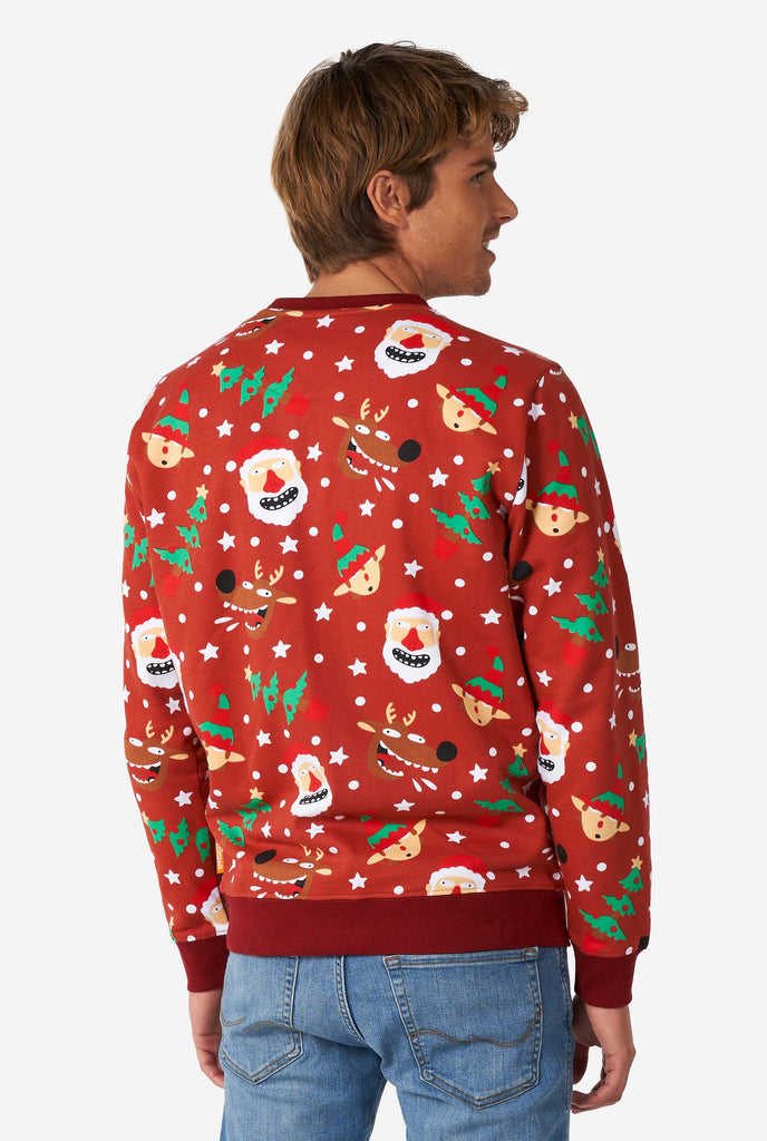 Man wearing red Christmas sweater with Christmas icons, view from the back