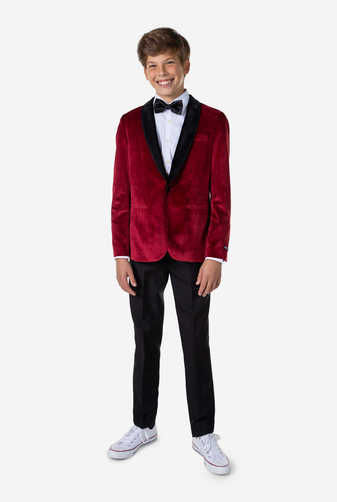 Teen wearing red velvet Christmas Dinner Jacket