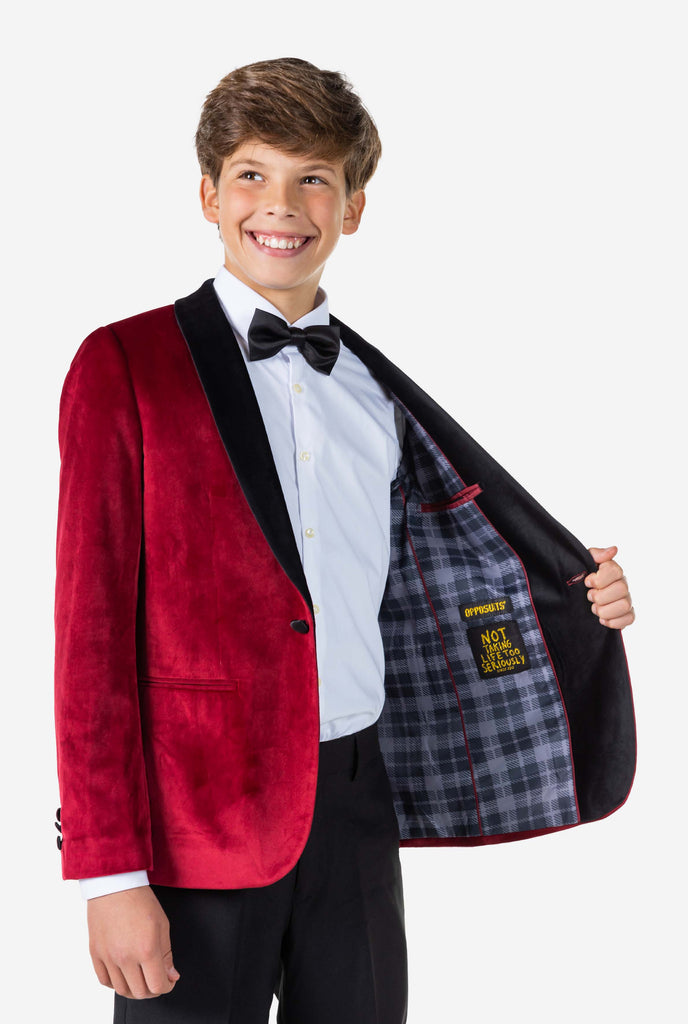 Teen wearing red velvet Christmas Dinner Jacket