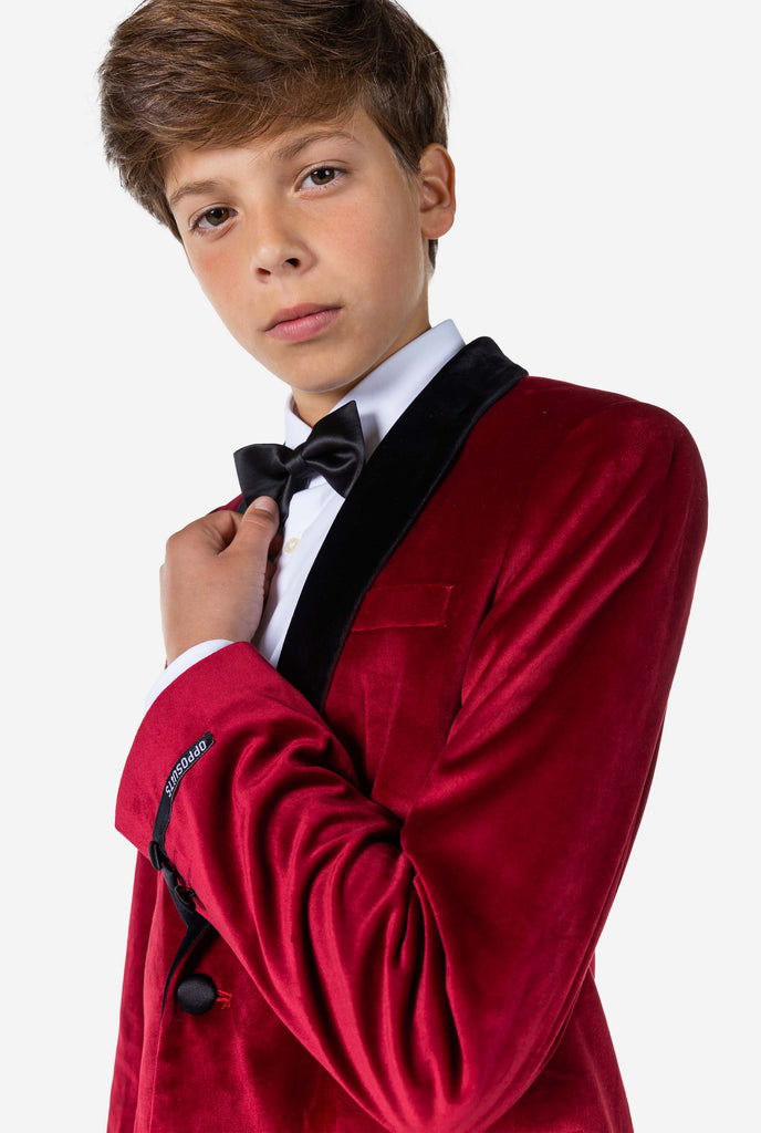 Teen wearing red velvet Christmas Dinner Jacket