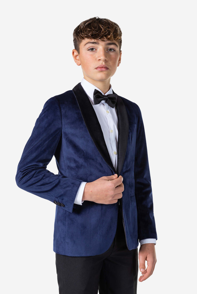 Teen wearing blue velvet Christmas Dinner Jacket