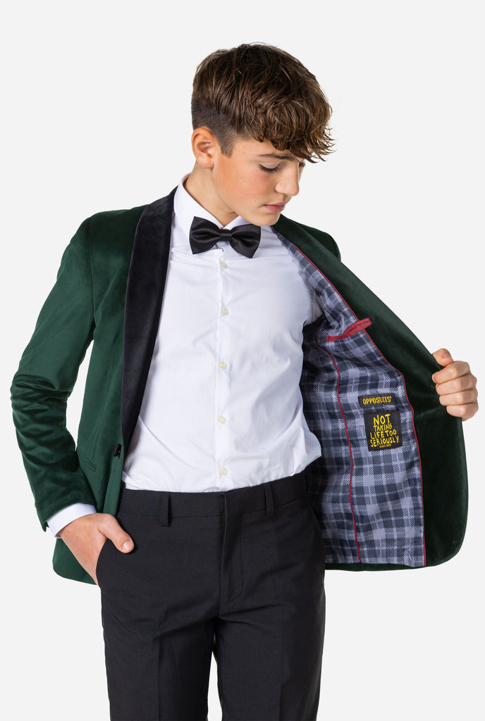 Teen wearing green velvet Christmas Dinner Jacket