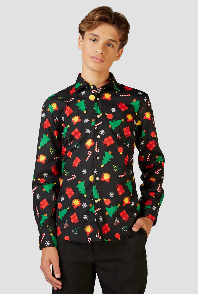 Funny black Christmas icons dress shirt worn by a teen boy zoomed in