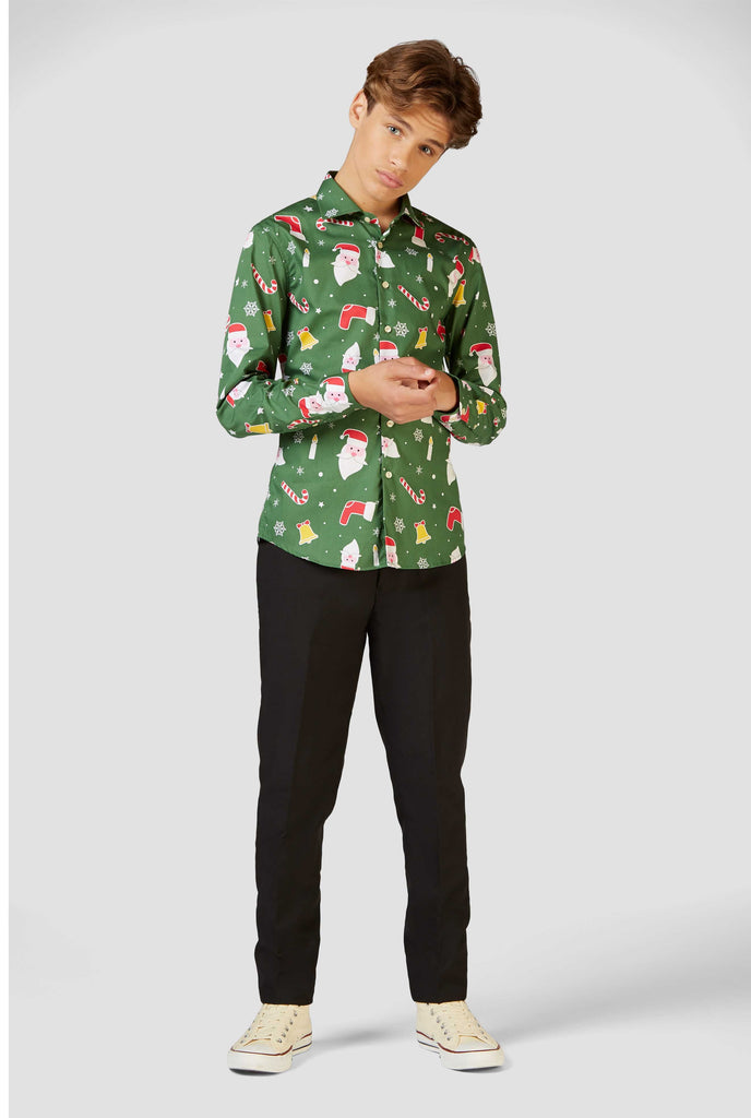 Funny green Christmas dress shirt Santaboss worn by a teen boy