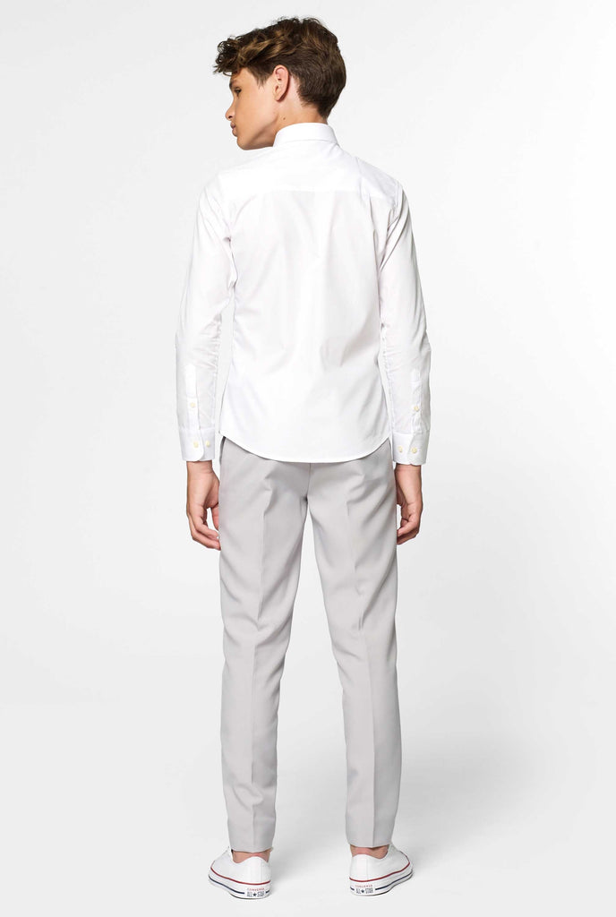 Long sleeve white shirt for boys worn by boy view from back