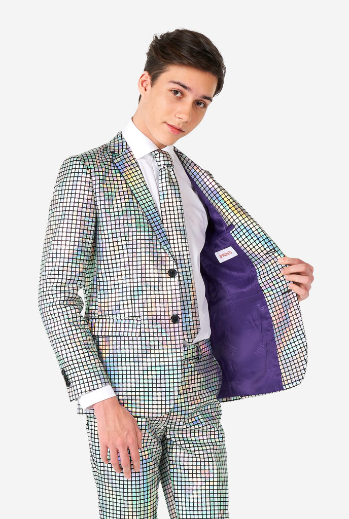 Teen wearing formal suit with mirror discobal print