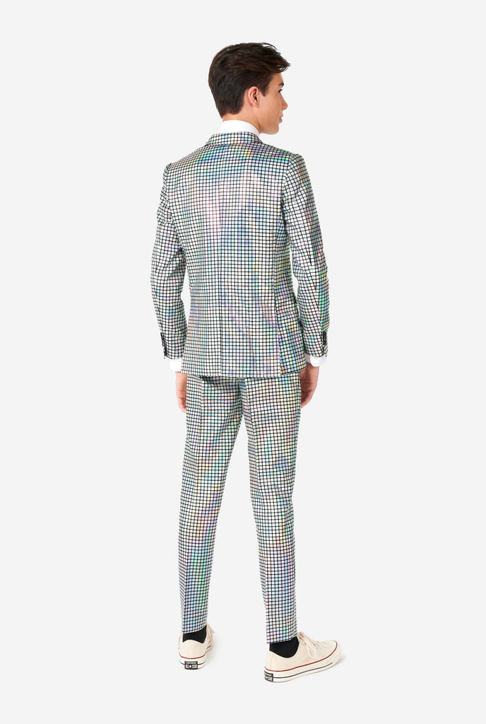 Teen wearing formal suit with mirror discobal print, view from the back