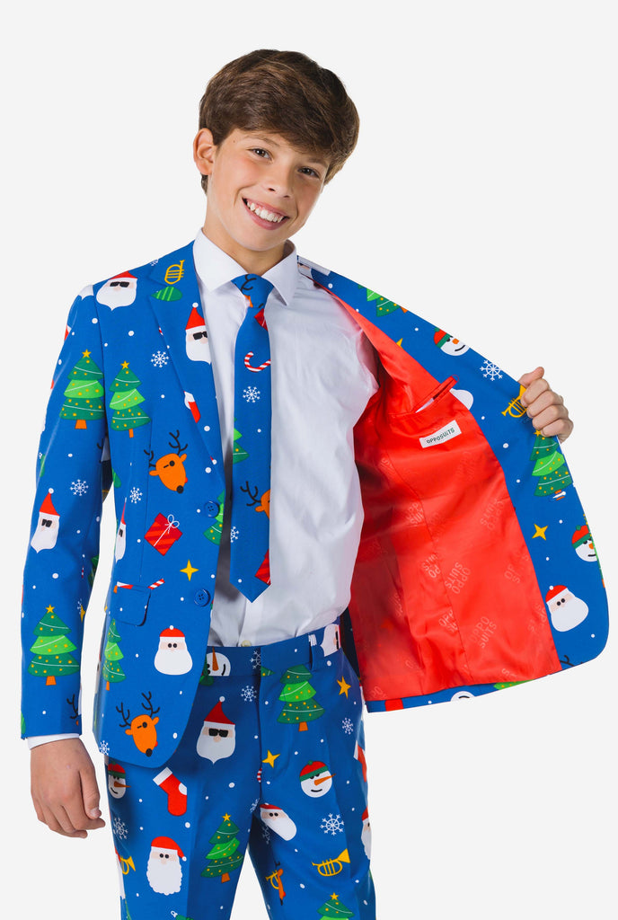 Teen wearing formal blue Christmas suit