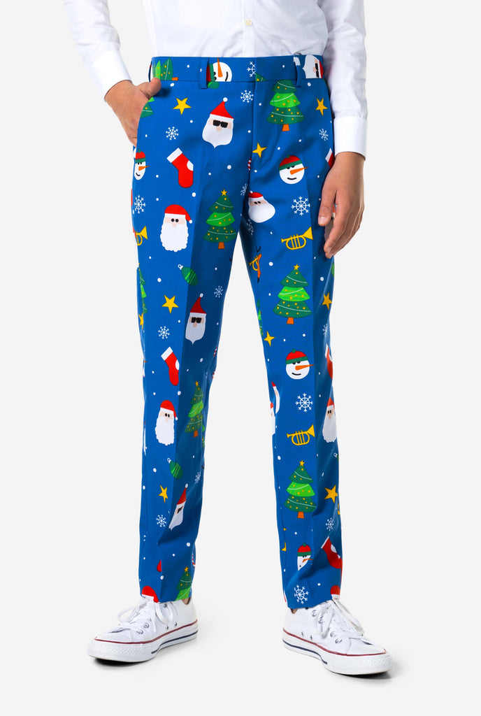 Teen wearing formal blue Christmas suit, zoomed in at pants