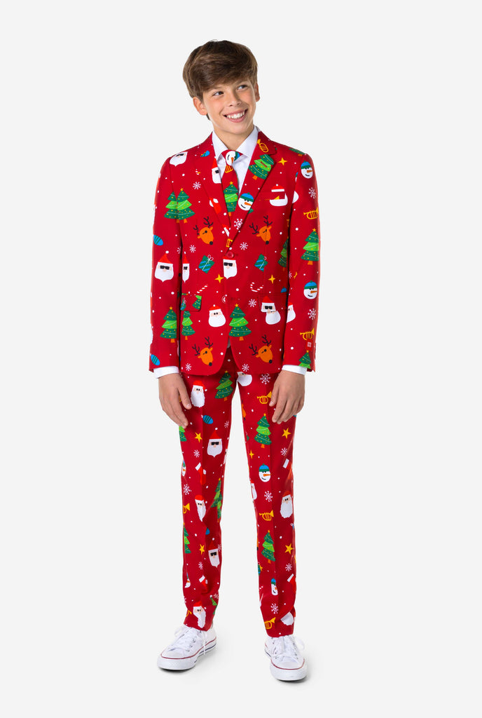 Teen wearing formal red Christmas suit