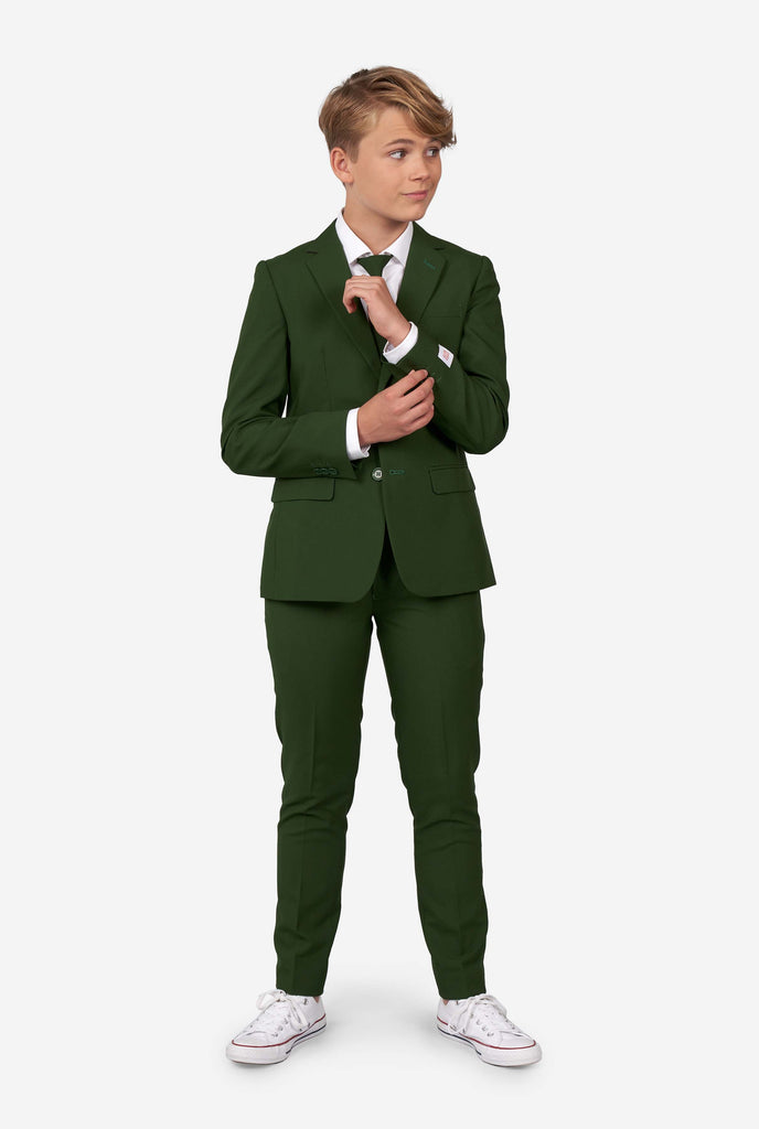 Teen wearing formal dark green suit