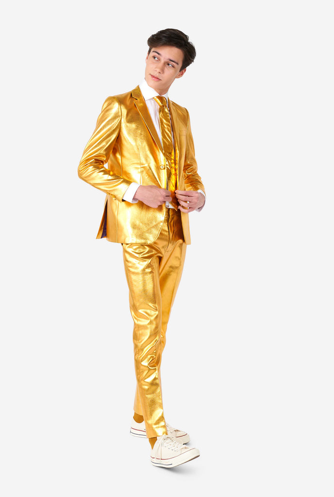 Teen wearing formal golden colored suit