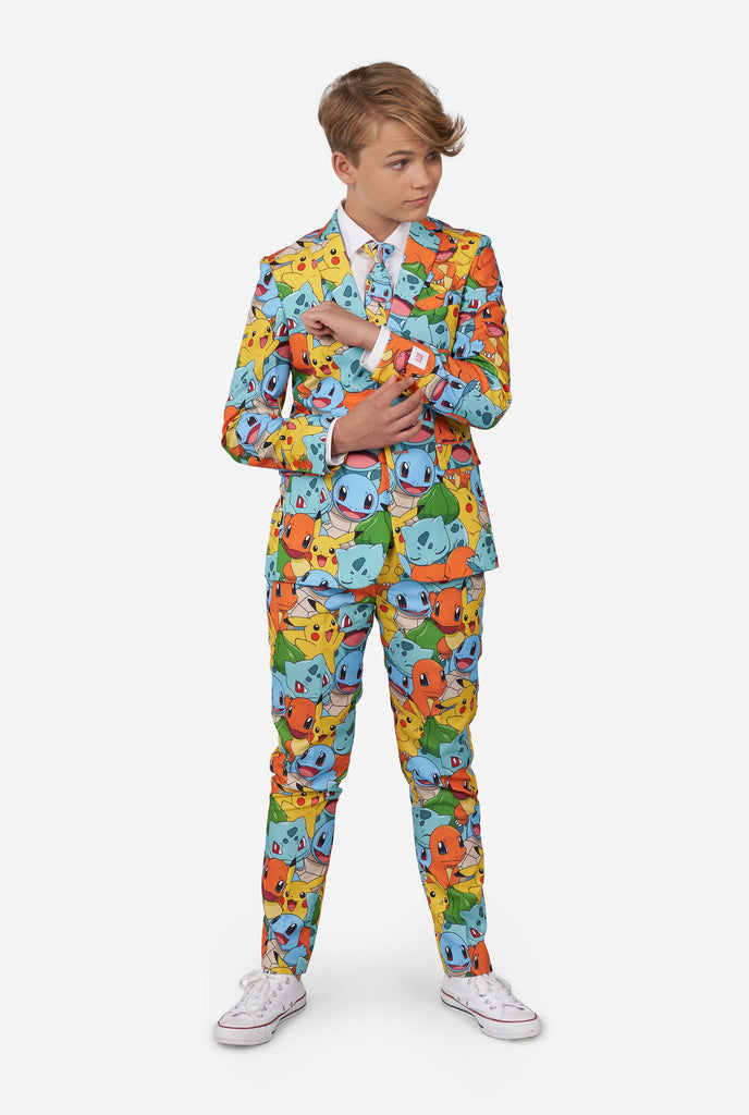 Teen wearing formal multi color suits with Pokemon print