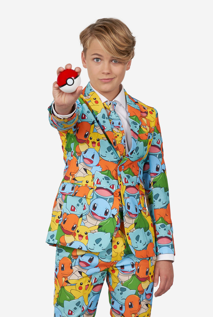 Teen wearing formal multi color suits with Pokemon print