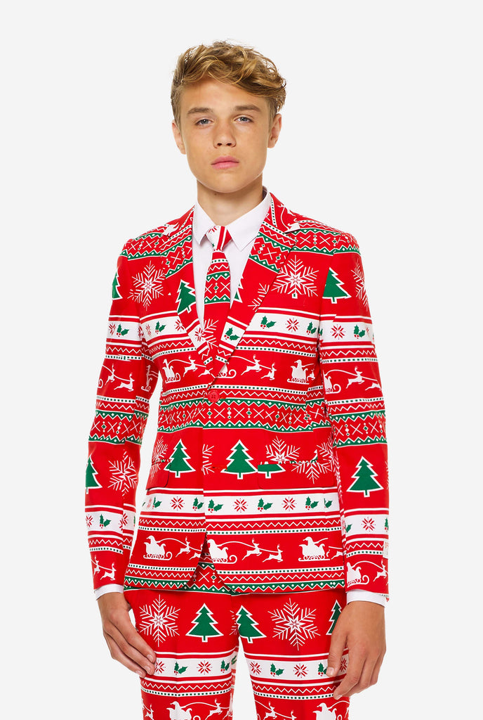 Teen wearing red Christmas suit