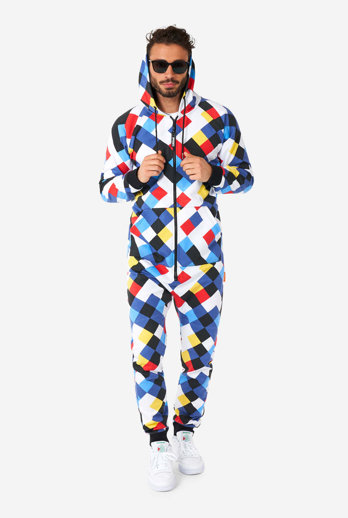 Man wearing a multicolor onesie