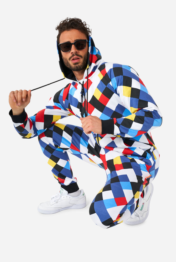 Man wearing a multicolor onesie