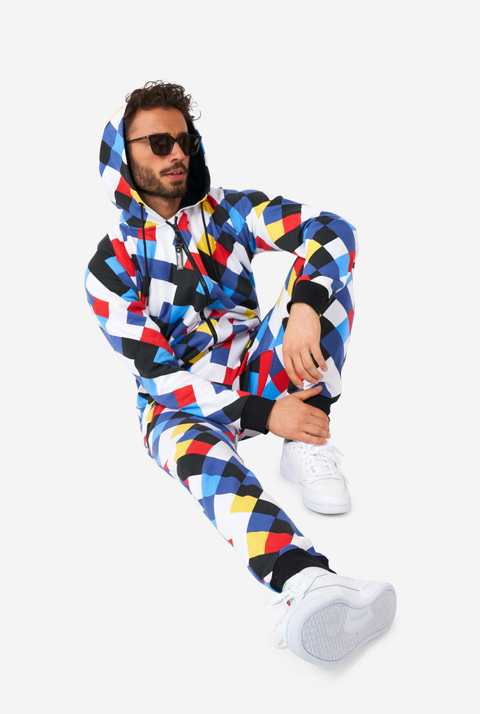 Man wearing a multicolor onesie