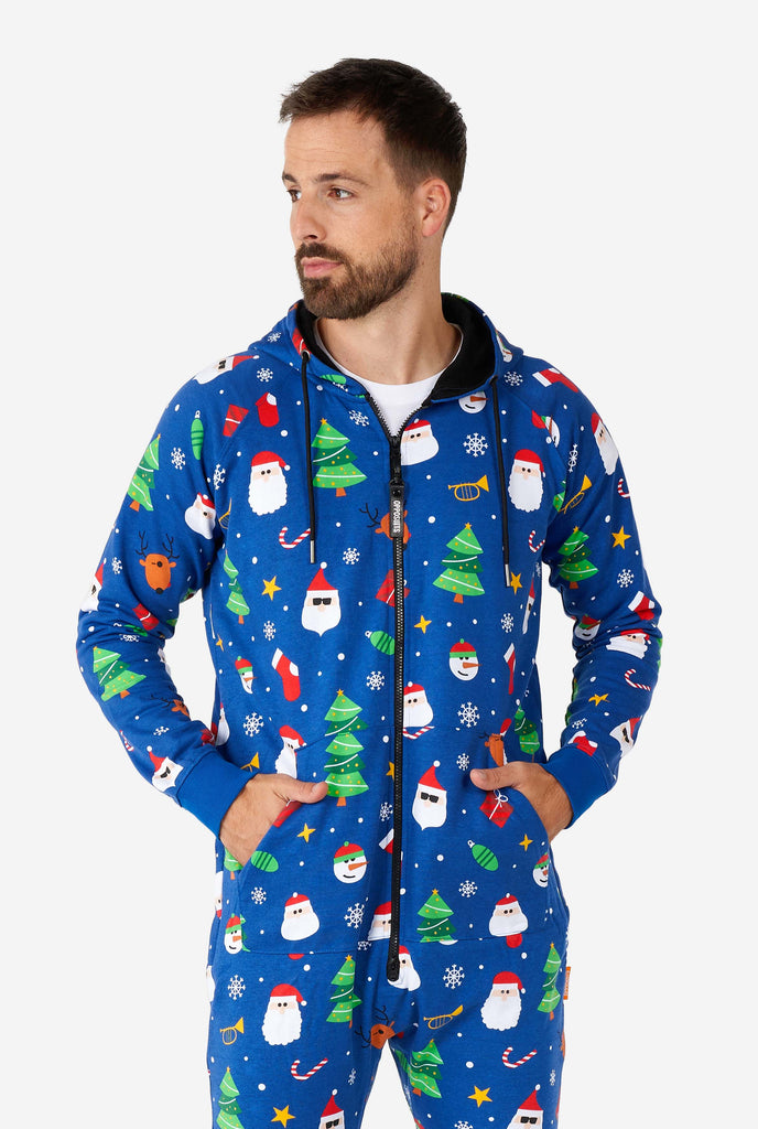 Man wearing blue Christmas onesie