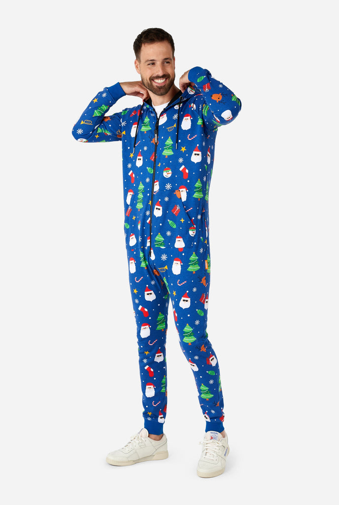 Man wearing blue Christmas onesie