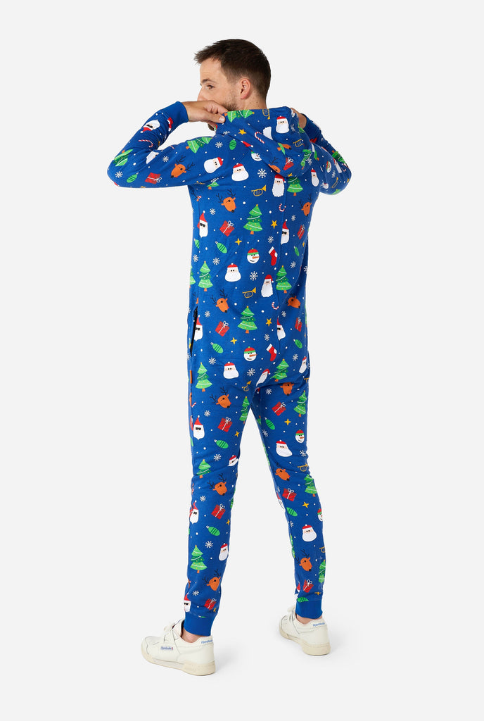 Man wearing blue Christmas onesie, view from the back