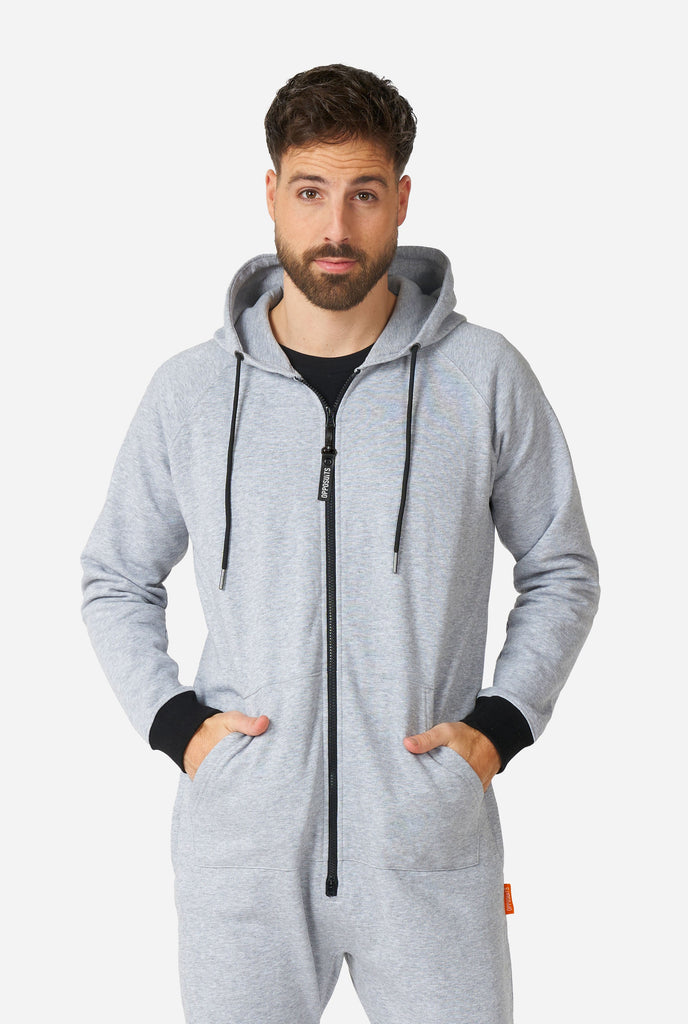 Man wearing grey onesie