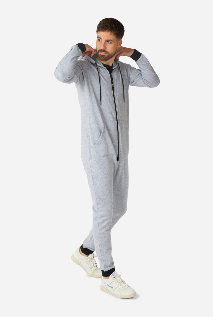 Man wearing grey onesie