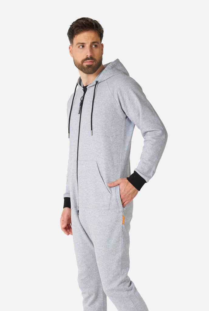 Man wearing grey onesie